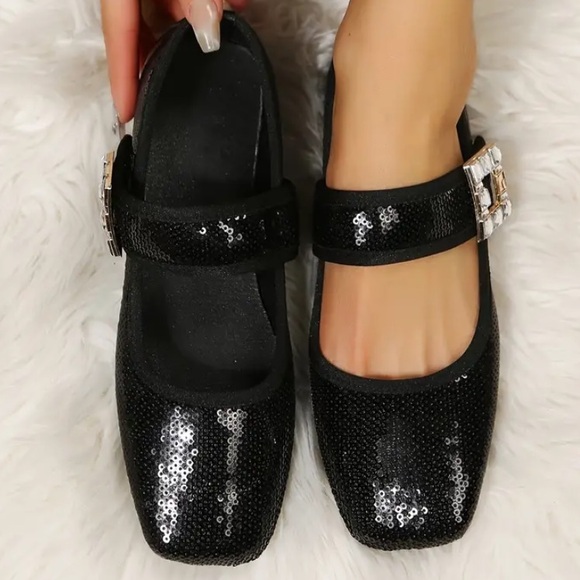 Shoes - New Sequin Ballet Flats Silver Stud Metallic Buckle NWT Black Slip On Square Toe